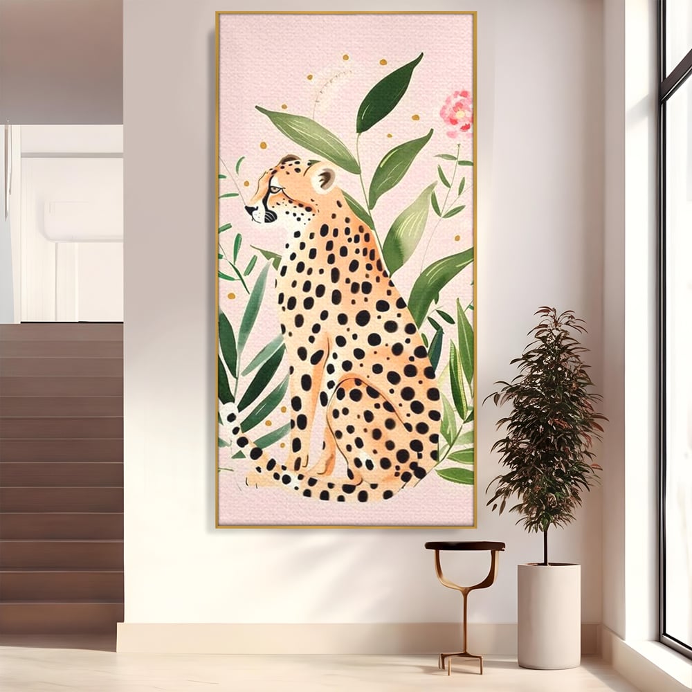 Tablou canvas cu tablou canvas cu leopard si frunze tropicale, in rama de aluminiu auriu